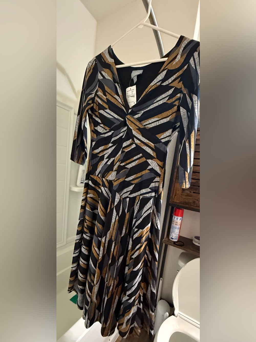 Rabbit Rabbit Rabbit Black Midi Dress with Gold & Gray Leaf Print